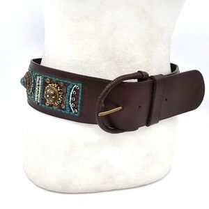 Chico's Leather Beaded Stonework Wood Belt. 37"